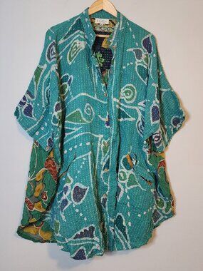 Kantha Bae Free to Be Shirt Teal Kantha Paisley Contrast Button Front OS